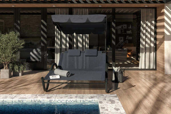 OUTFLEXX Doppelliege, Anthrazit, Polyester/Stahl Pulverbeschichtet, 205x138x34cm, Inkl. Nackenkissen, Rollbar 4 OUTFLEXX Doppelliege, Anthrazit, Polyester/Stahl Pulverbeschichtet, 205x138x34cm, Inkl. Nackenkissen, Rollbar – Bild 2