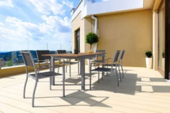 VILLANA Esstischgarnitur, Silber/schwarz, Alu / FSC-Akazienholz, Ausziehtisch 150/200 Cm, 6 Stapelsessel