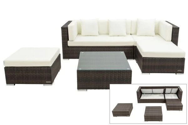 OUTFLEXX Loungemöbel-Set, Braun Marmoriert, 5 Pers, Polyrattan, Wasserfeste Kissenbox, Inkl. Beistelltisch 3 OUTFLEXX Loungemöbel-Set, Braun Marmoriert, 5 Pers, Polyrattan, Wasserfeste Kissenbox, Inkl. Beistelltisch