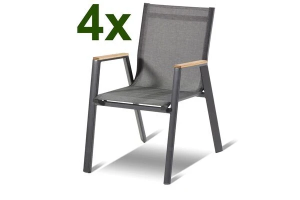 HARTMAN 4er Set Aruba Stapelsessel, Xerix/anthrazit, Alu/Textilene, Mit FSC Teak-Armlehnen 3 HARTMAN 4er Set Aruba Stapelsessel, Xerix/anthrazit, Alu/Textilene, Mit FSC Teak-Armlehnen