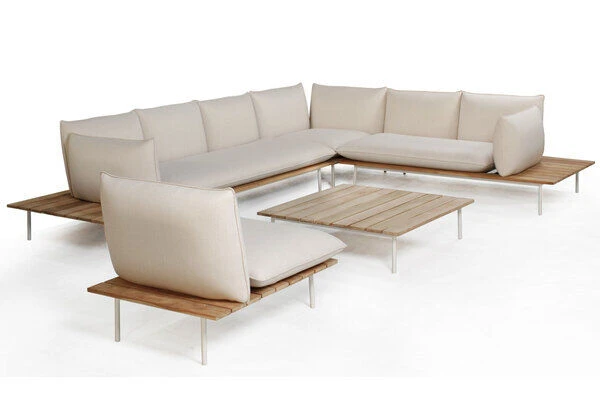 OUTFLEXX Vail Loungemöbel, Weiß/natur/actionlinen, Alu/FSC-Teakholz/Sunbrella, Für Bis Zu 7 Personen, Seitenablagen Aus Teak 4 OUTFLEXX Vail Loungemöbel, Weiß/natur/actionlinen, Alu/FSC-Teakholz/Sunbrella, Für Bis Zu 7 Personen, Seitenablagen Aus Teak – Bild 2
