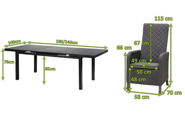 OUTFLEXX Malaga Premium Esstischgarnitur, Anthrazit/grau/sooty, Alu/Glas/Subrella, 180/240cm, 8 Sessel, Ausziehfunktion, Verstellbare Rückenlehne 7 OUTFLEXX Malaga Premium Esstischgarnitur, Anthrazit/grau/sooty, Alu/Glas/Subrella, 180/240cm, 8 Sessel, Ausziehfunktion, Verstellbare Rückenlehne – Bild 5