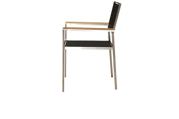 OUTFLEXX Stuhl, Schwarz, Edelstahl/Textilene, Padded, Armlehnen Aus FSC-Teakholz, 62x56,5x86cm 4 OUTFLEXX Stuhl, Schwarz, Edelstahl/Textilene, Padded, Armlehnen Aus FSC-Teakholz, 62x56,5x86cm – Bild 2