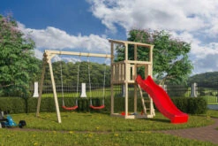 KARIBU Anna Turm, Naturbelassen, Nordische Fichte, 347x264x270cm, Mit Rutsche Rot Und Doppelschaukel