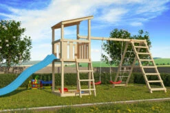 KARIBU Anna Turm, Naturbelassen, Nordische Fichte, 415x264x270cm, Mit Rutsche Blau,Doppelschaukel Und Gerüst