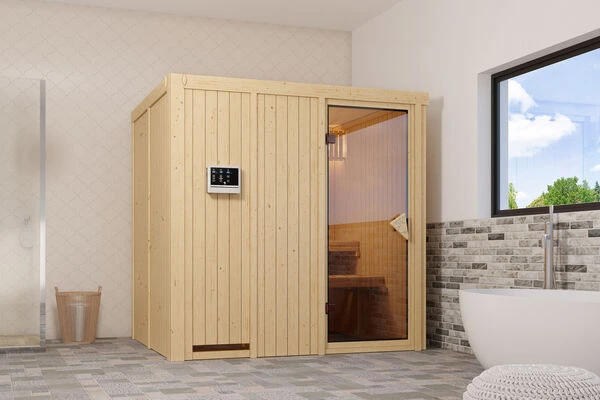 KARIBU Sodin Sauna , Naturbelassen, Fichte, 196x170x198 Cm, Fronteinstieg, BronzierteTür, Ofen 4,5 KW Ext. Strg. Easy 3 KARIBU Sodin Sauna , Naturbelassen, Fichte, 196x170x198 Cm, Fronteinstieg, BronzierteTür, Ofen 4,5 KW Ext. Strg. Easy