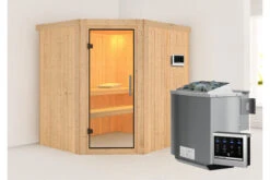 KARIBU Siirin Sauna , Naturbelassen, Fichte, 196x170x198 Cm, Eckeinstieg, Klarglastür, Ofen 4,5 KW Bio Ext. Strg.