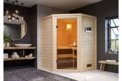 KARIBU Antonia Sauna , Naturbelassen, Fichte, 145x145x187 Cm,SETOfen 4,5 KW Ext. Strg. Easy