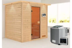 KARIBU Adelina Sauna , Naturbelassen, Fichte, 223x183x191 Cm, Kranz SET, Ofen 4,5 KW Bio Ext. Strg. Easy