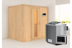 KARIBU Bodin Sauna, Naturbelassen, Fichte, 196 X 151 X 198 Cm, Fronteinstieg, Mit Energiespartür, SET Mit Ofen 4,5 KW Bio Ext. Strg.