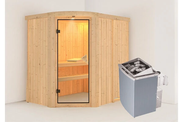 KARIBU Lavea Sauna, Naturbelassen, Fichte, 151 X 196 X 198 Cm, Eckeinstieg,mit Rundbogenelement SET Mit Ofen 4,5 KW Integr. Str. 3 KARIBU Lavea Sauna, Naturbelassen, Fichte, 151 X 196 X 198 Cm, Eckeinstieg,mit Rundbogenelement SET Mit Ofen 4,5 KW Integr. Str.