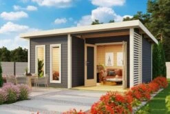 KARIBU Mainburg 5 Saunahaus, Terragrau, Fichte, 508x368x253 Cm, SET B Mit Doppelflügeltür Und Terrasse