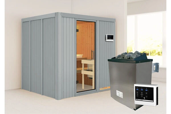KARIBU Sodin Sauna, Lichtgrau, Fichte, 196x170x198 Cm, Inkl. Fronteinstieg, Ganzglastür Und 4,5 KW Ofen Ext. Strg. 3 KARIBU Sodin Sauna, Lichtgrau, Fichte, 196x170x198 Cm, Inkl. Fronteinstieg, Ganzglastür Und 4,5 KW Ofen Ext. Strg.