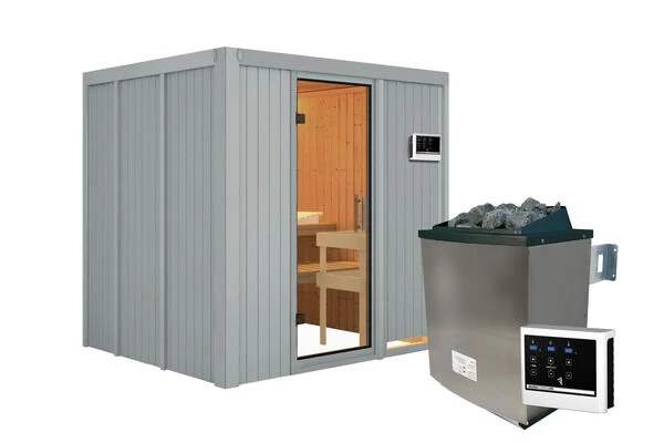KARIBU Sodin Sauna, Lichtgrau, Fichte, 196x170x198 Cm, Inkl. Fronteinstieg, Ganzglastür Und 4,5 KW Ofen Ext. Strg. 4 KARIBU Sodin Sauna, Lichtgrau, Fichte, 196x170x198 Cm, Inkl. Fronteinstieg, Ganzglastür Und 4,5 KW Ofen Ext. Strg. – Bild 2