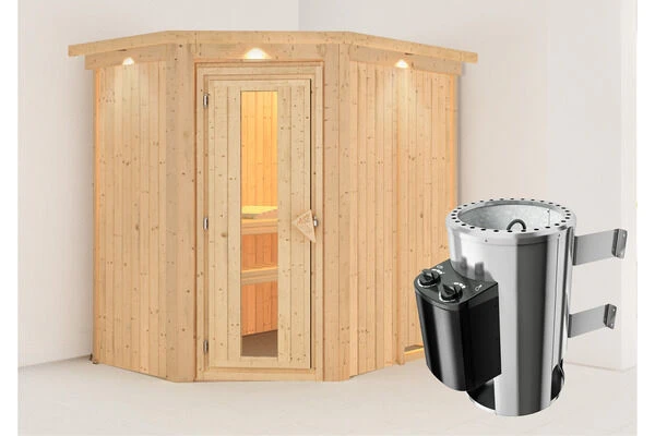 KARIBU Caspin Energiespar-Sauna, Naturbelassen, Fichte, 210x165x202 Cm, Mit Kranz Und 3,6 KW Ofen Integr. Steuerung 4 KARIBU Caspin Energiespar-Sauna, Naturbelassen, Fichte, 210x165x202 Cm, Mit Kranz Und 3,6 KW Ofen Integr. Steuerung – Bild 2