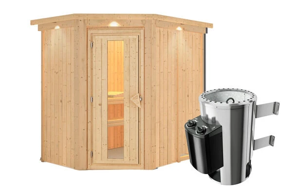 KARIBU Caspin Energiespar-Sauna, Naturbelassen, Fichte, 210x165x202 Cm, Mit Kranz Und 3,6 KW Ofen Integr. Steuerung 5 KARIBU Caspin Energiespar-Sauna, Naturbelassen, Fichte, 210x165x202 Cm, Mit Kranz Und 3,6 KW Ofen Integr. Steuerung – Bild 3