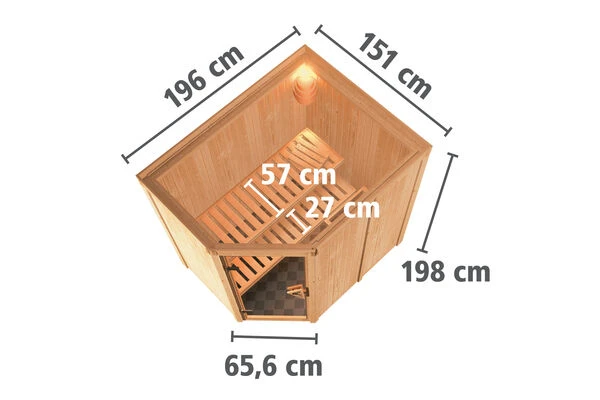 KARIBU Caspin Energiespar-Sauna, Naturbelassen, Fichte, 210x165x202 Cm, Mit Kranz Und 3,6 KW Ofen Integr. Steuerung 7 KARIBU Caspin Energiespar-Sauna, Naturbelassen, Fichte, 210x165x202 Cm, Mit Kranz Und 3,6 KW Ofen Integr. Steuerung – Bild 5