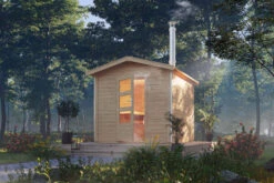 KARIBU Bosse 1 Saunahaus, Naturbelassen, Fichte, 231x273x235 Cm, Moderne Tür & Holzofen Inkl. Schornstein