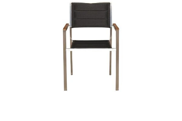 OUTFLEXX Stuhl, Schwarz, Edelstahl/Textilene, Padded, Armlehnen Aus FSC-Teakholz, 62x56,5x86cm 5 OUTFLEXX Stuhl, Schwarz, Edelstahl/Textilene, Padded, Armlehnen Aus FSC-Teakholz, 62x56,5x86cm – Bild 3