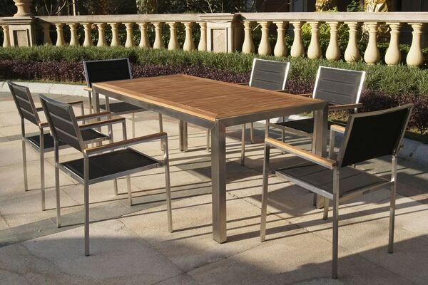 OUTFLEXX Stuhl, Schwarz, Edelstahl/Textilene, Padded, Armlehnen Aus FSC-Teakholz, 62x56,5x86cm 9 OUTFLEXX Stuhl, Schwarz, Edelstahl/Textilene, Padded, Armlehnen Aus FSC-Teakholz, 62x56,5x86cm – Bild 7