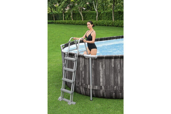 BESTWAY Power Steel Pool, Holz-Optik (dunkelgrau), TriTech, 732x366x122cm, Oval, Mit Filterpumpe, Leiter, Abdeckplane 10 BESTWAY Power Steel Pool, Holz-Optik (dunkelgrau), TriTech, 732x366x122cm, Oval, Mit Filterpumpe, Leiter, Abdeckplane – Bild 8